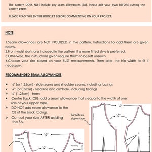 May include: Diagram showing seam allowances for a versatile blouse pattern. The pattern includes instructions for adding seam allowances to the side seams, shoulder seams, neckline, armhole, and hem. It also includes instructions for adding seam allowances to the center back, which should be equal to the width of the zipper tape. The diagram shows the seam allowances in inches.