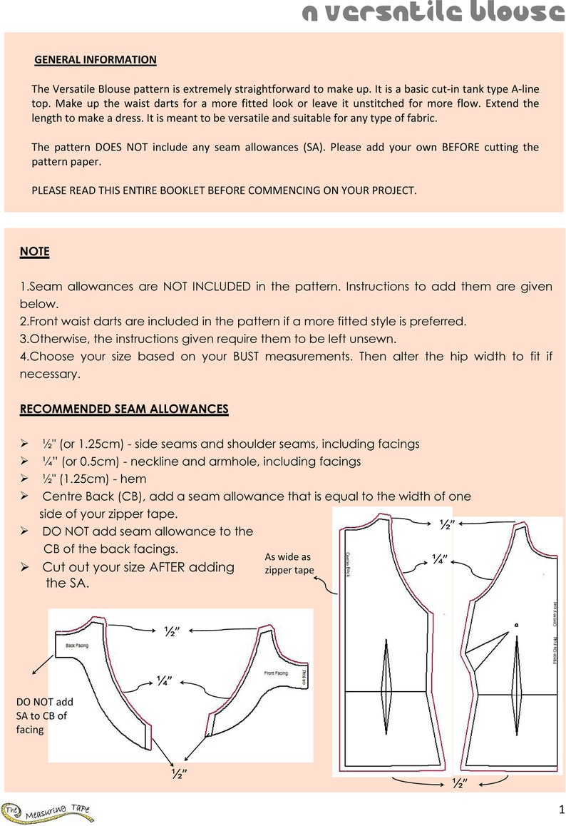 May include: Diagram showing seam allowances for a versatile blouse pattern. The pattern includes instructions for adding seam allowances to the side seams, shoulder seams, neckline, armhole, and hem. It also includes instructions for adding seam allowances to the center back, which should be equal to the width of the zipper tape. The diagram shows the seam allowances in inches.