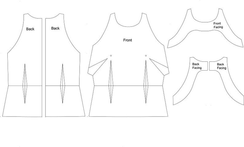May include: A sewing pattern for a sleeveless top with a front and back piece, and separate front and back facings. The pattern includes instructions for sewing the top.