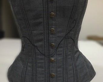 Sample Sale - Grey Denim Corset with Black Thread Accents and Faux Button Studs