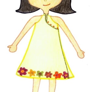 May include: A hand-drawn illustration of a girl with black hair wearing a yellow dress with a green trim and a floral pattern. The girl is wearing brown shoes.
