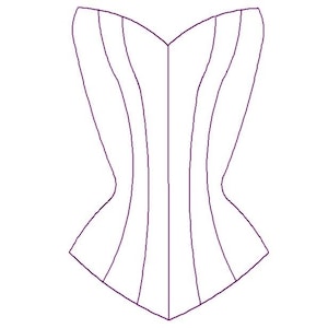 May include: A black and white line drawing of a corset with a pointed bottom and a sweetheart neckline.