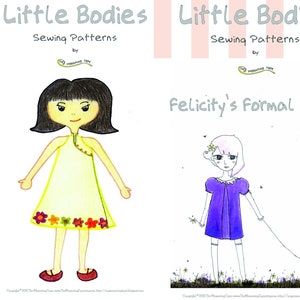 Può includere: Due illustrazioni di ragazze che indossano abiti. La ragazza a sinistra indossa un abito giallo con bordi floreali e ha i capelli neri. La ragazza a destra indossa un abito viola e ha i capelli rosa. Il testo "Little Bodies Sewing Patterns" appare nella parte superiore dell'immagine.