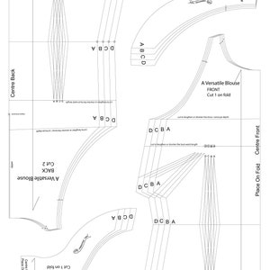 May include: A sewing pattern for a versatile blouse with instructions to cut the fabric on the fold. The pattern includes both front and back pieces with markings for different sizes.
