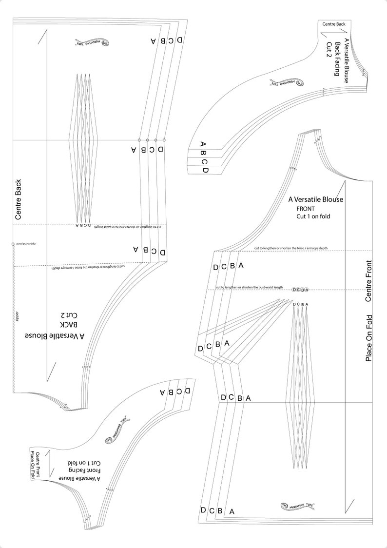 May include: A sewing pattern for a versatile blouse with instructions to cut the fabric on the fold. The pattern includes both front and back pieces with markings for different sizes.