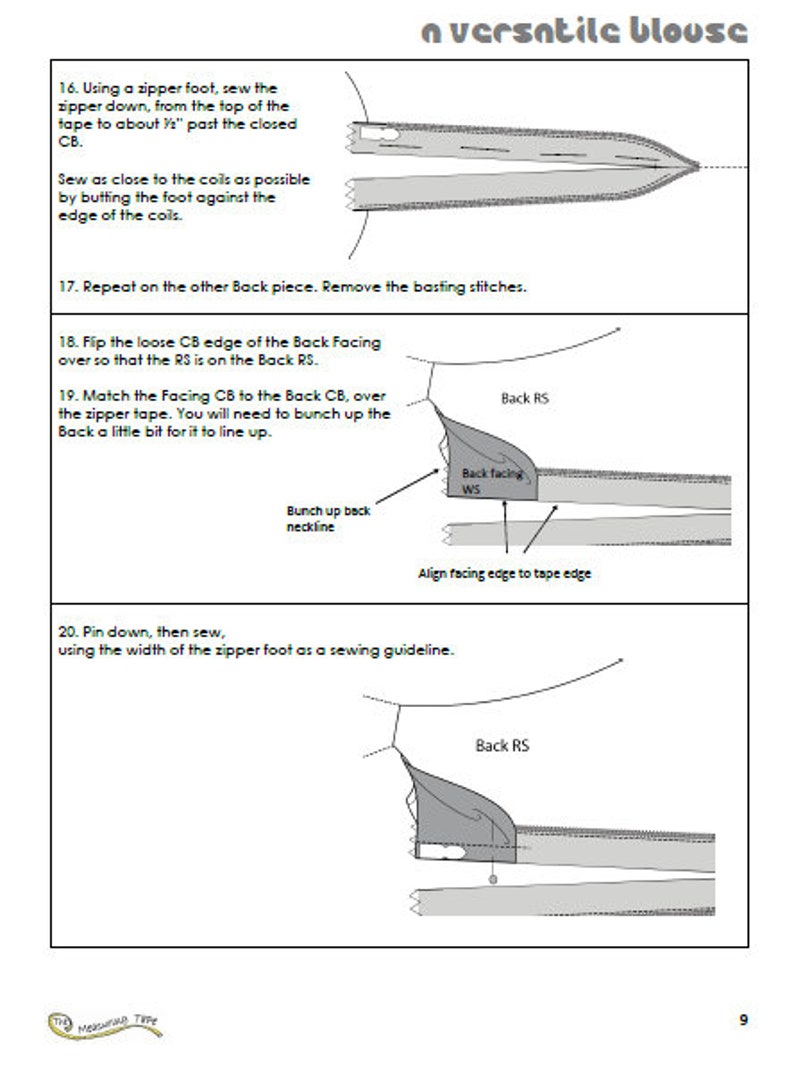 May include: A diagram showing how to sew a zipper into a blouse. The diagram shows the back of the blouse with the zipper tape and the facing fabric. The text in the image reads: "Using a zipper foot, sew the zipper down, from the top of the tape to about 1/2" past the closed CB. Sew as close to the coils as possible by butting the foot against the edge of the coils. Repeat on the other Back piece. Remove the basting stitches. Flip the loose CB edge of the Back Facing over so that the RS is on the Back RS. Match the Facing CB to the Back CB, over the zipper tape. You will need to bunch up the Back a little bit for it to line up. Pin down, then sew, using the width of the zipper foot as a sewing guideline."