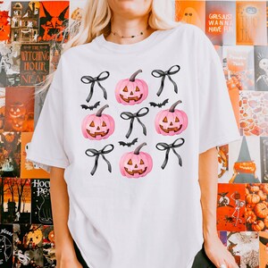 Coquette Halloween T-shirt, Coquette Pink and Black Bow, Cute Pumpkin Graphic Tee, Pink Coquette Halloween T-Shirt, Pink Spooky Vibes Shirts