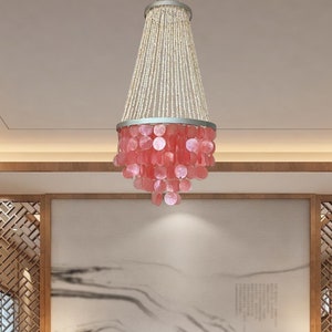 Lámpara colgante de capiz hecha a mano, pantalla de lámpara capiz y luz de techo rosa para decoración costera y tropical