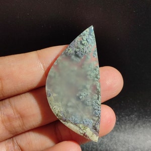 Può includere: Una gemma lucida con un motivo unico. La pietra presenta una miscela di colori, tra cui verde pallido, bianco e tocchi di rosso. Il design ricorda un paesaggio o una formazione naturale. La forma è a mezzaluna o a goccia.