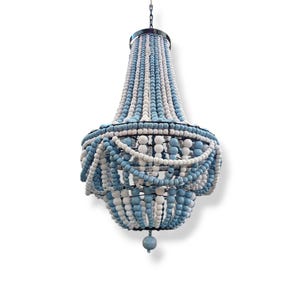 Blue Beaded Chandelier: Handmade Wood & Metal Boho Lampshade