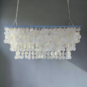 Modern Capiz Shell Rectangular Chandelier, Coastal Dining Room Lighting : Handmade Shell Pendant Light – Elegant Ceiling Fixture