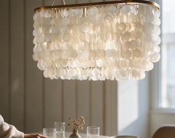 Oval capiz shell chandelier, gold metal frame capiz chandelier : coastal lighting, personalized gift