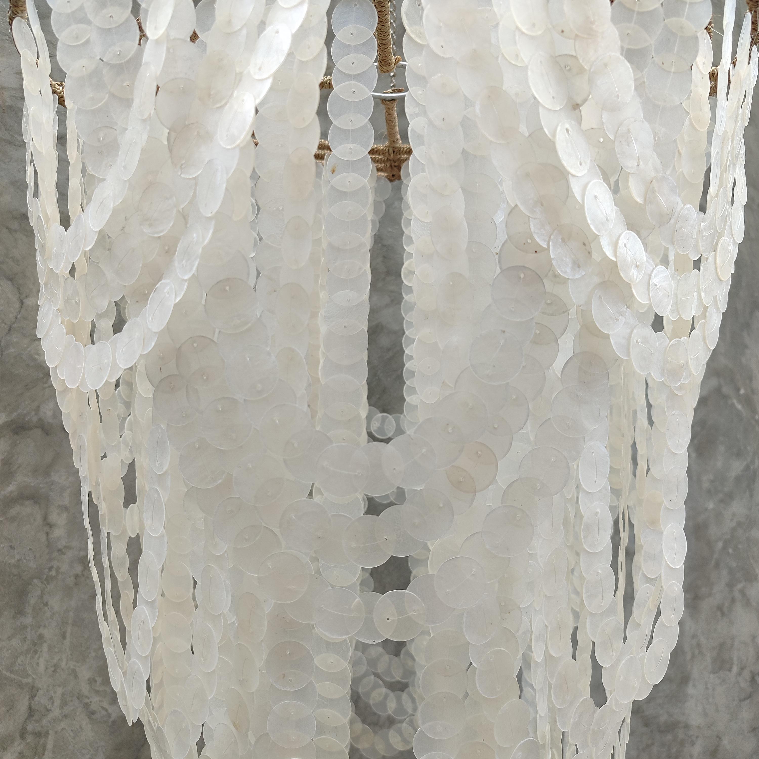 White Capiz Shell Chandelier, Handmade Boho Hanging Light, Coastal ...