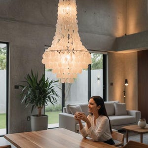 Handgefertigter Capiz Muschel Kronleuchter, Elegante Weiße Muschel Pendelleuchte: Boho Deckenleuchte, Moderne Strandhaus Beleuchtung