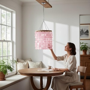 Pink Capiz chandelier, pink shell wind chime : teen handmade lighting pendant, capiz shell pendant light