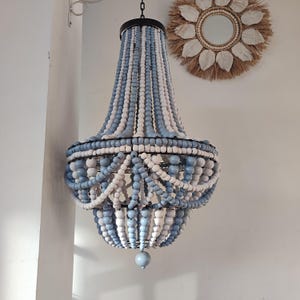 Wood Bead Chandelier: Boho Coastal Decor, Handmade Lampshade