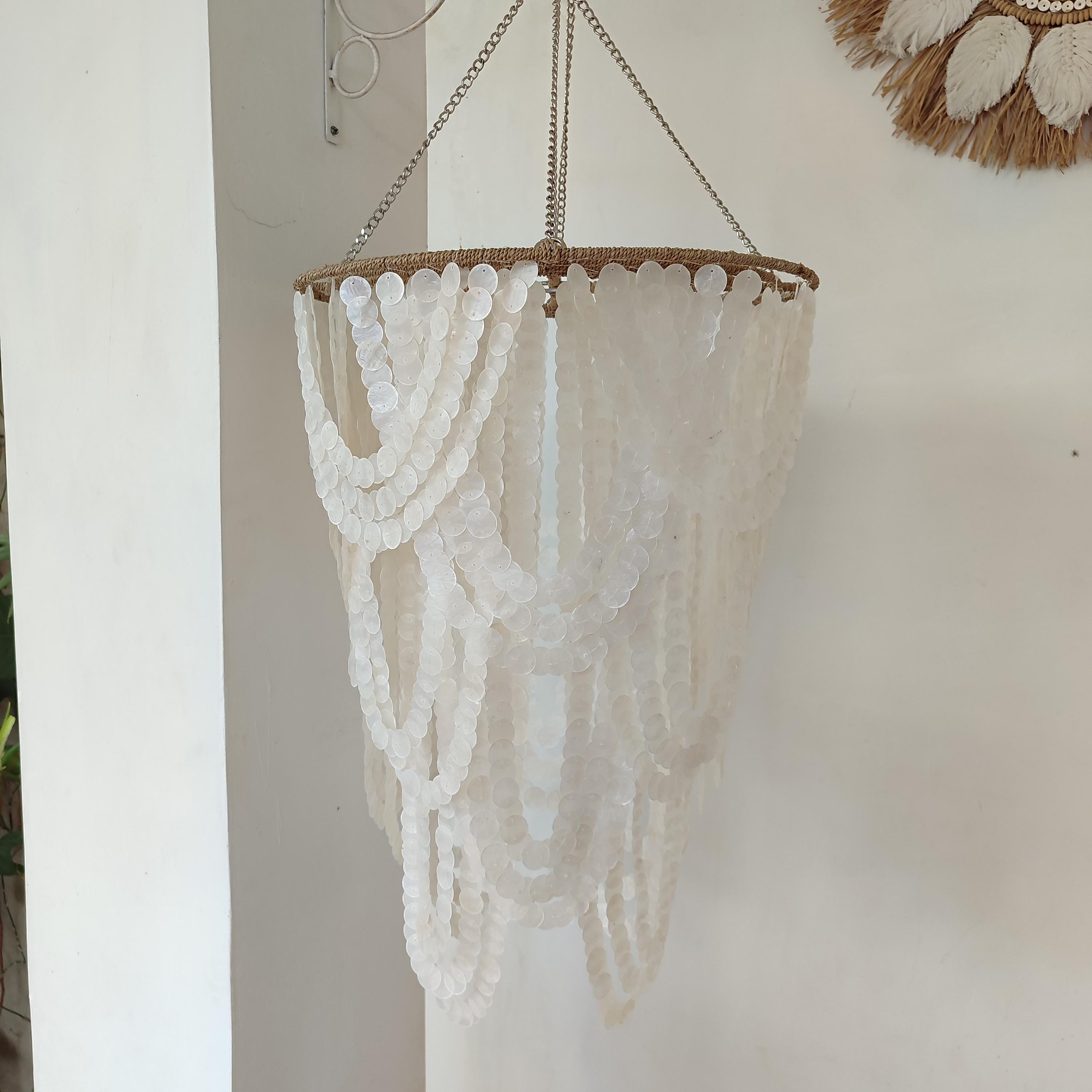 White Capiz Shell Chandelier, Handmade Boho Hanging Light, Coastal ...