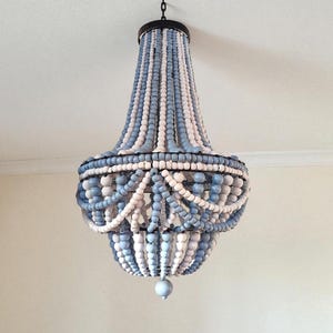Blue Wood Bead Chandelier: Handmade Coastal Boho Lamp Shade