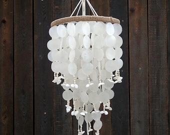 Capiz Shell Chandelier | Coastal Boho Hanging Light | Tiered Shell Ceiling Lamp | Handmade Seashell Chandelier | Beach House Decor | Natural