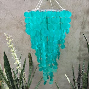 Turquoise Capiz Shell Chandelier: Coastal Living Room Decor