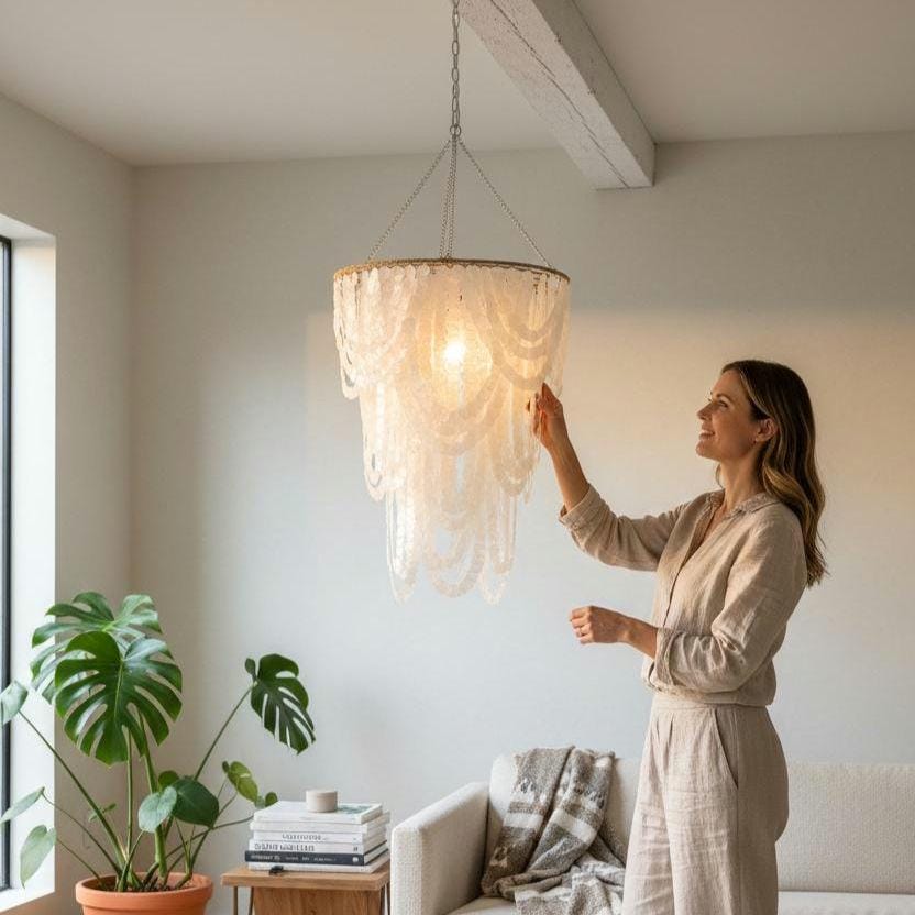 White Capiz Shell Chandelier, Handmade Boho Hanging Light, Coastal ...