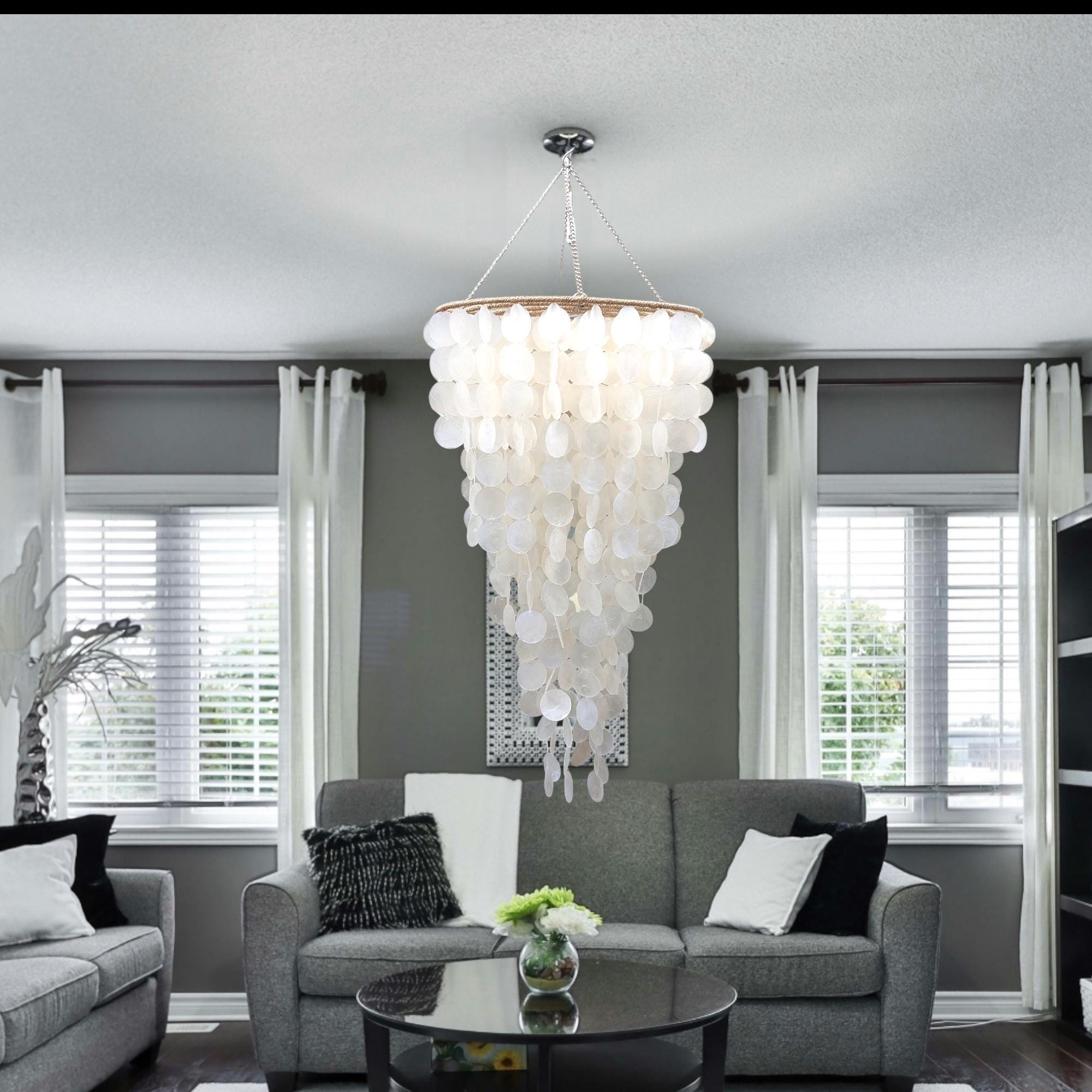 Custom Capiz Shell Chandelier, Lamp Shade, Lighting Pendant, Boho