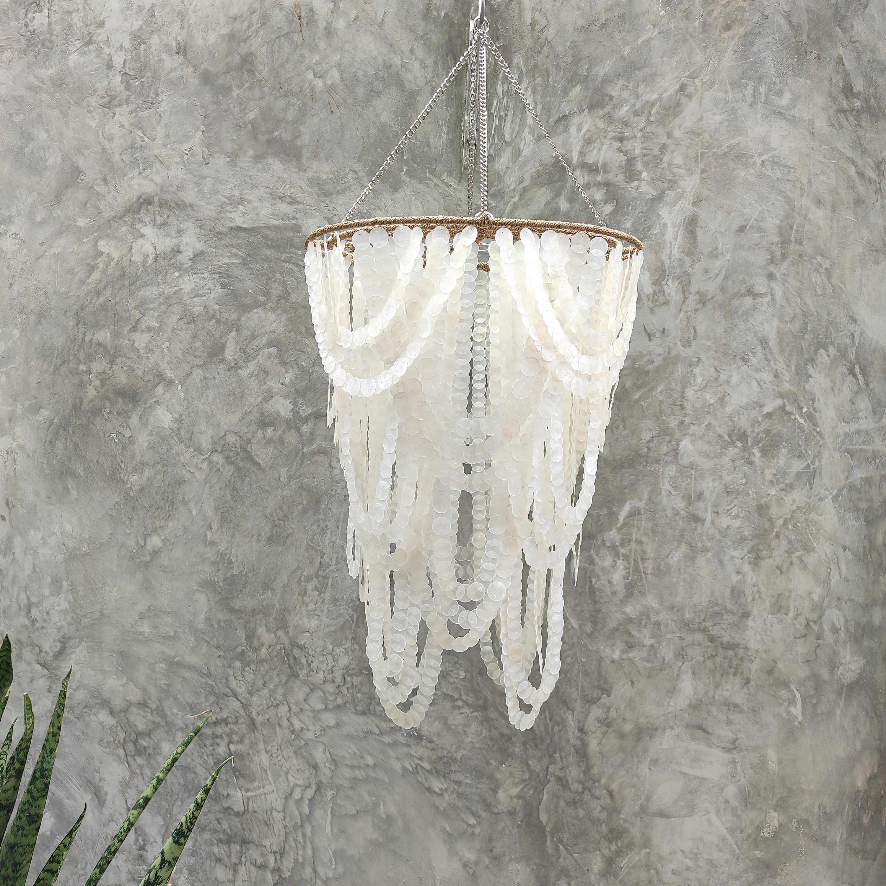 White Capiz Shell Chandelier, Handmade Boho Hanging Light, Coastal ...
