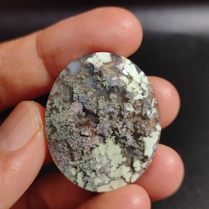 Könnte beinhalten: Nahaufnahme eines polierten, ovalen Achat-Steins mit einem dendritischen Muster. Der Stein hat eine weiße, graue und rosafarbene Farbgebung mit verschiedenen Texturen.