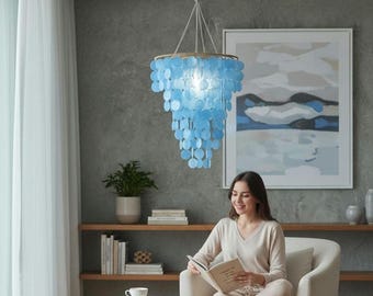 Lustre de conchas de Capiz, cúpula para abajur, luminária pendente de teto, decoração boho, decoração costeira, lustre de praia