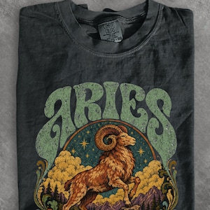 May include: A charcoal gray crew neck t-shirt featuring the word ARIES in large, distressed light green letters. Below the text is a circular graphic of a brown ram standing before yellow clouds, a dark blue starry sky, and mountains.