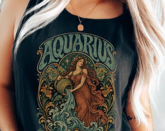 Aquarius Tank Top: Comfort Colors Unisex Zodiac Tank Top, Boho Water Bearer Graphic Tank, Astrology Birthday Gift