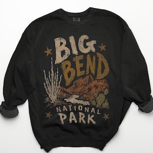 Comfort Colors Big Bend National Park sweatshirt, vintage trui met woestijnprint, shirt met afbeelding van een nationaal park in Texas, retro cadeau voor wandelaars in westernstijl.