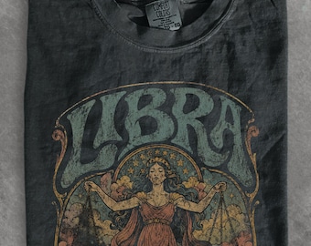 Comfort Colors Libra Zodiac Shirt, Vintage Astrology Tee, Celestial Goddess T Shirt, Retro Libra Graphic Tee, Boho Zodiac Gift for Her
