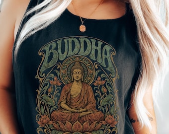 Buddha Tank Top: Comfort Colors Unisex Lotus Shirt, Vintage Buddhist Art, Retro Boho Graphic Tank, Meditation Gift
