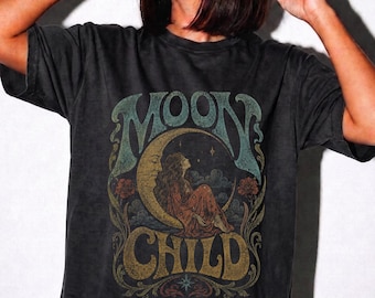 Comfort Colors Mondkind-Shirt, Himmels-Boho-Grafik-T-Shirt, Vintage-Psychedelic-Mond-T-Shirt, 70er-Jahre-Retro-Hippie-T-Shirt, Mystisches Shirt