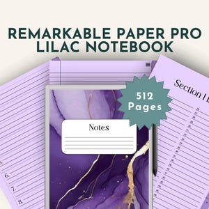 May include: A lilac notebook with the text "REMARKABLE PAPER PRO LILAC NOTEBOOK" at the top. The cover features a purple and gold marbled design with the word "Notes" on a white label. The notebook has 512 pages.