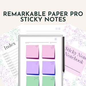 May include: A digital tablet displaying pink, purple, and green sticky notes. The text "REMARKABLE PAPER PRO STICKY NOTES" is at the top. A stylus is on the right. The word "Index" is on the left.