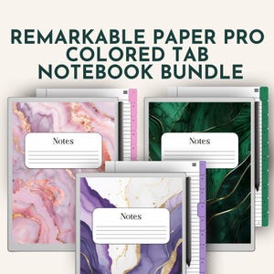 May include: Three digital notebooks with colourful marble designs and gold accents. Each notebook has a tabbed section with a different colour. The notebooks are labelled "Notes".