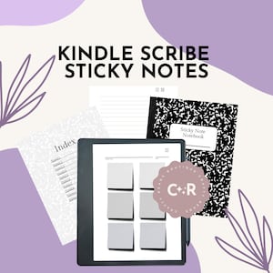 Puede incluir: Un planificador digital con notas adhesivas en un lector electrónico Kindle. El planificador tiene un diseño de cuadrícula con seis notas adhesivas. Las notas adhesivas son grises. El lector electrónico Kindle es negro y tiene una pantalla blanca. La imagen también incluye una libreta de composición en blanco y negro con el texto "Sticky Note Notebook" y una pegatina blanca y gris con el texto "Reads Boutique Crafty Reads".