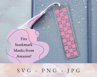 Bookmark SVG, Checkered Heart bookmark, bookmark template svg, bookmark png, acrylic bookmark svg, printable bookmark, books svg reading svg