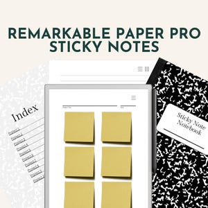 Puede incluir: Un bloc de notas digital con fondo blanco y un patrón de cuadrícula. El bloc de notas tiene una sección etiquetada como "Índice" con una lista de proyectos. Hay ocho notas adhesivas amarillas en el bloc de notas. El texto "Sticky Note Notebook" es visible en un cuaderno blanco y negro.