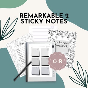 May include: A digital notepad with a black stylus and six gray sticky notes with floral designs. The notepad is on a white surface with a green and white background. The text "Sticky Note Notebook" is visible on the notepad.