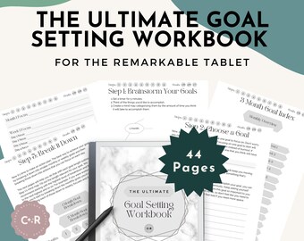 May include: A green and white goal setting workbook with a marble cover. The workbook is titled "The Ultimate Goal Setting Workbook" and has a subtitle "For the Remarkable Tablet". The workbook has 44 pages and is designed to help you set and achieve your goals.