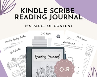 May include: A digital reading journal featuring a black and white illustration of a book with flowers growing from it. The journal is titled "Reading Journal" and has a logo that says "C+R" in a circle. The journal is designed for use with a Kindle e-reader.