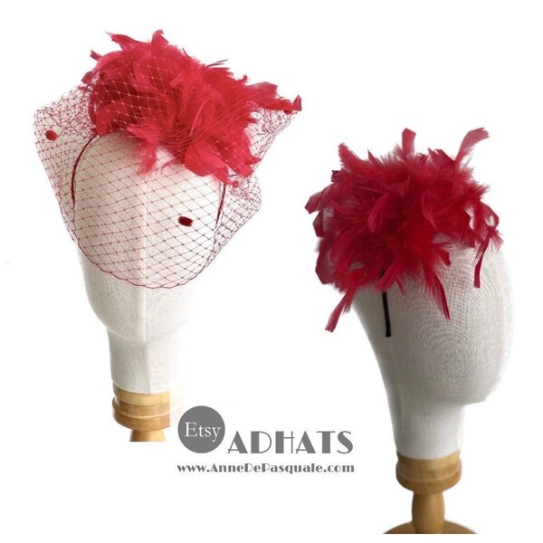 Red Feather Fascinator, Derby, Veiled headpiece