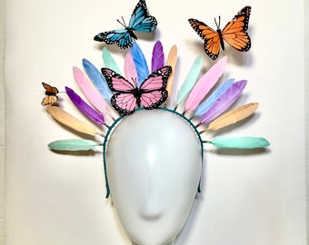 Feather Crown; Butterfly Halo Multicolored  Fascinator, Pastel Headpiece