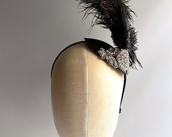 Black Ostrich Feather / Rhinestone Fascinator, Flapper inspired Headpiece