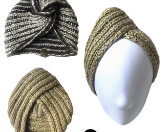 Gold Knit Turban, Hand knit metallic hat, Ribbed knit hat, Soft Turban