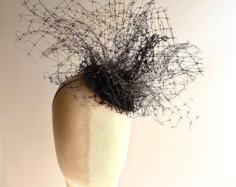 Handmade Black Sculptural Mesh Fascinator, Statement Headpiece, Wedding Guest Hair Accessory, Cocktail Party Fascinator