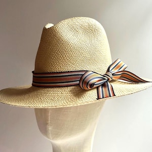 Handwoven Panama Fedora Hat: Vintage Stripe Ribbon, Italian Style